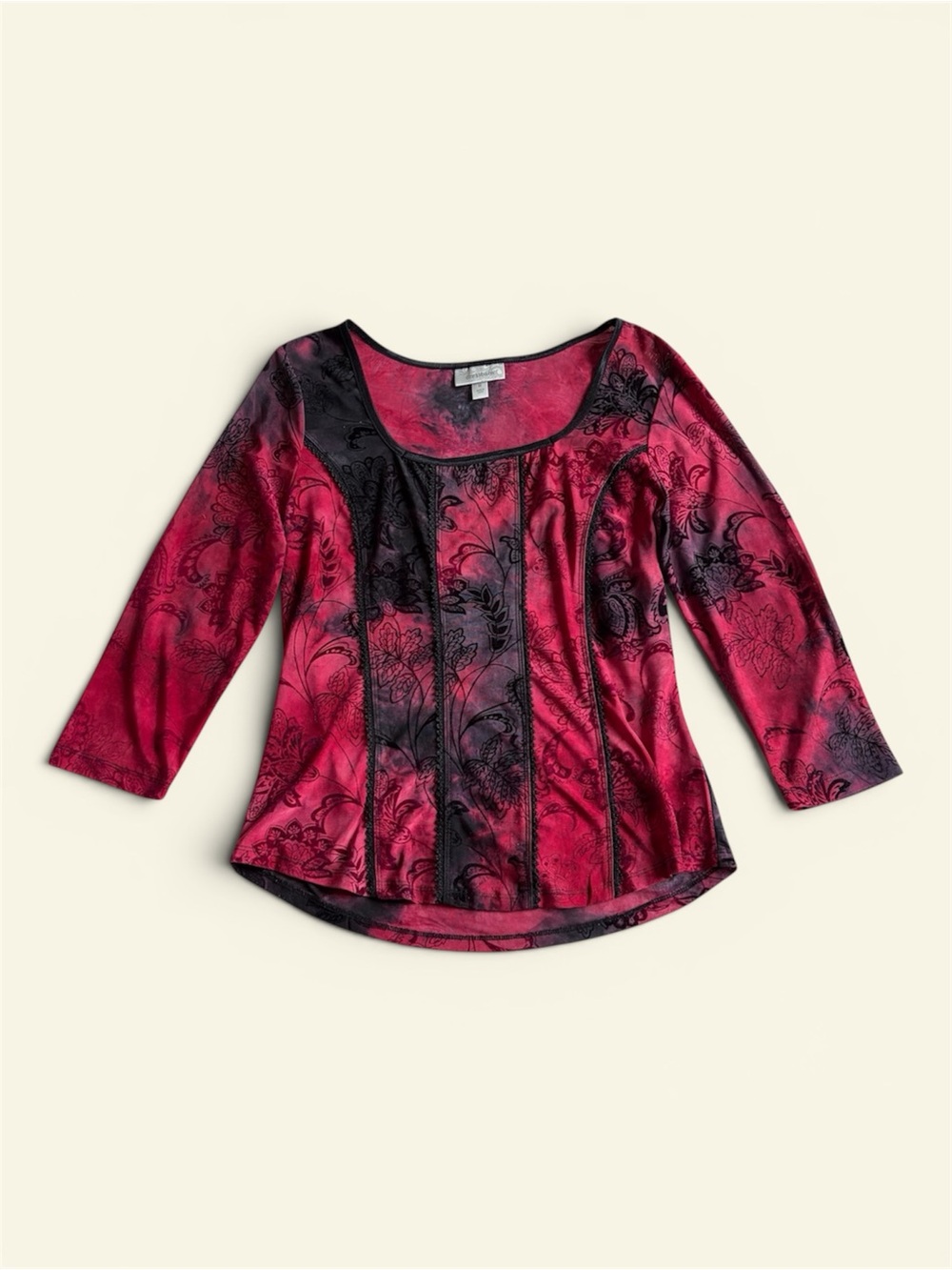 Vintage Dressbarn Red Black Floral Tie Dye Top 3/4 Sleeve Y2K Whimsygoth Size M